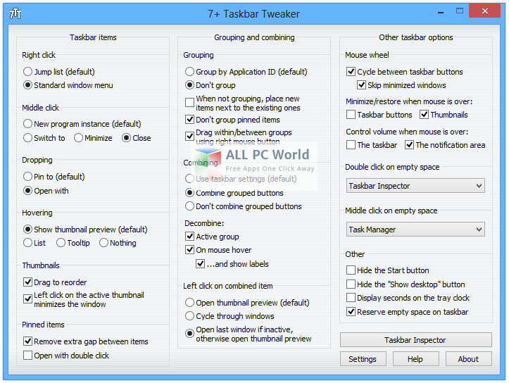 7+ Taskbar Tweaker 5.2.1 User Interface