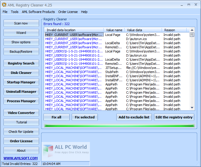 AML Registry Cleaner 4.25 user Interface